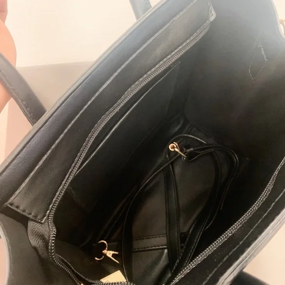 Phantom Top Handle Open Tote Handbag with Zipper Closure in Black Faux Leather - Picture 5 of 5